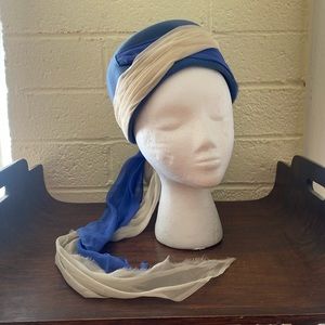 40s 60s Vintage Blue & Cream Hat with Chiffon Tie